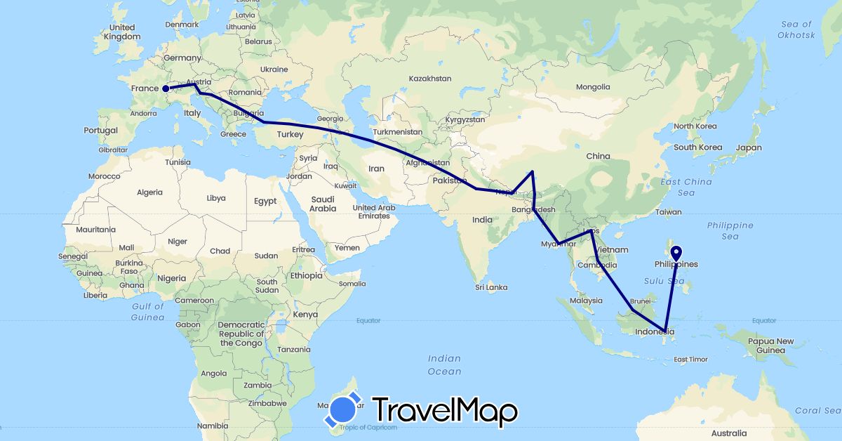 TravelMap itinerary: driving in Austria, Bangladesh, Bhutan, Switzerland, China, Croatia, Indonesia, India, Cambodia, Laos, Myanmar (Burma), Malaysia, Nepal, Philippines, Slovenia, Turkey (Asia, Europe)